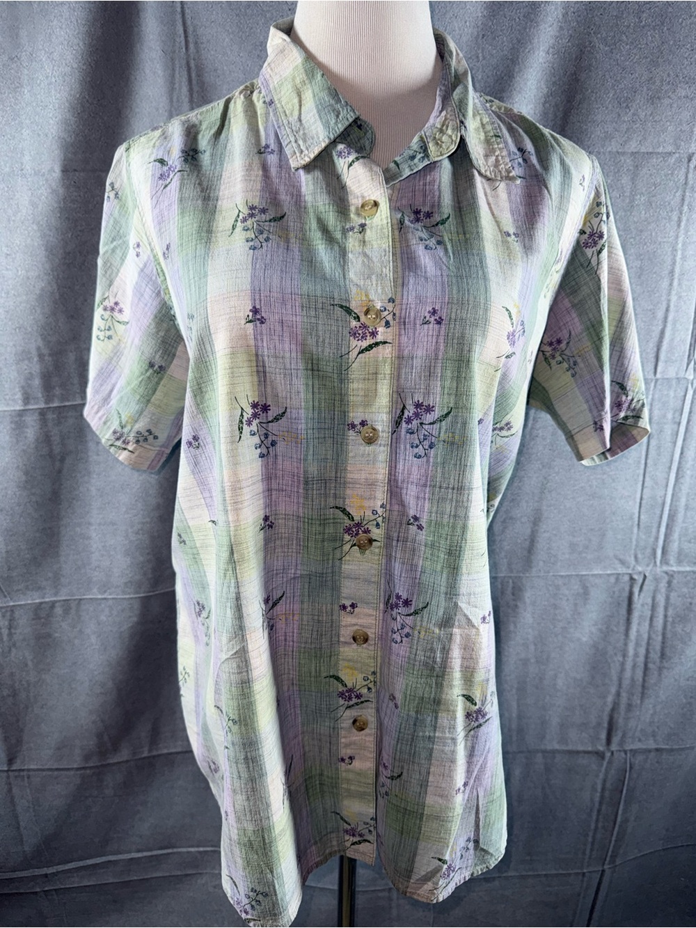 2638-Basic Editions Light Green & Lavender Plaid Short Sleeve Button-Down